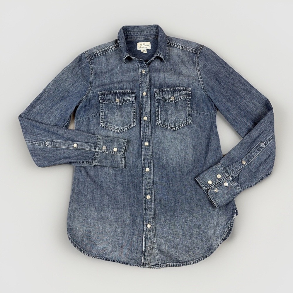 J. Crew Denim Western Shirt‎ Womens 00 Blue Snap Front Long Sleeve Cotton Top